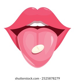 Open mouth with tongue sticking out holding a round white medicine pill