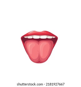 Open mouth with tongue and teeth, red lips of girl vector illustration. Cartoon isolated healthy oral cavity with sticking tongue, medical model to study anatomy, diseases of human organs and senses