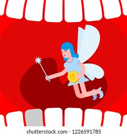 Open mouth and tooth fairy. Coin exchange for tooth

