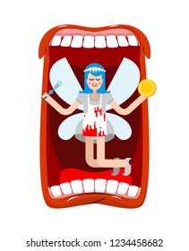 Open mouth and tooth fairy. Coin exchange for tooth

