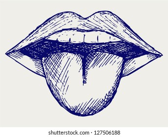 Open mouth, tooth and tongue. Doodle style