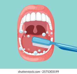 Open mouth with toothbrush and bubbles inside