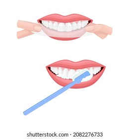 Open Mouth with Toothbrush and Dental Tape Scrubbing and Cleaning Teeth Vector Set