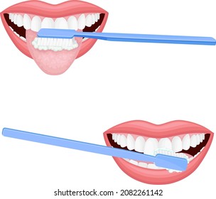 Open Mouth with Toothbrush Scrubbing and Cleaning Teeth and Tongue Vector Set