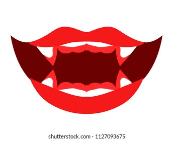 Open mouth of vampire with red lips and teeth in blood. Modern flat cartoon vector illustration icons. Isolated on white. Creepy sexy smile vampire lips with blood. Vampire teeth. Halloween dracula