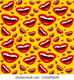 Open Mouth with White Teeth, Red Lips on Yellow Background. Vecor Seamless Pattern.