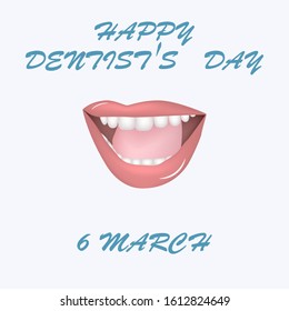 Open mouth, white teeth, tongue, red lips - isolated on a light background - vector. International Dentist Day. Happy Dentist Day