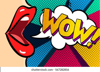 Open mouth and WOW Message in pop art style, promotional background, presentation poster. Flat design, vector illustration.