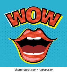 Open mouth with WOW speech bubble in pop art style. Vector illustration.