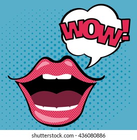 Open mouth with WOW speech bubble in pop art style. Vector illustration.