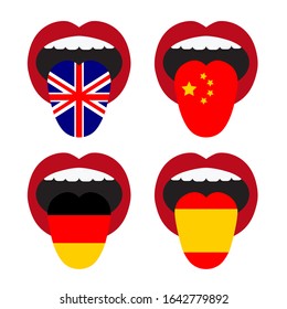 Open mouths with tongue sticking out with the flag of england, china, germany and spain