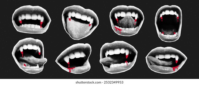 Open mouths of vampire with different emotions cut out of paper, halftone collage stickers. Sharp fangs with drops of blood, creepy bite, creepy Halloween.