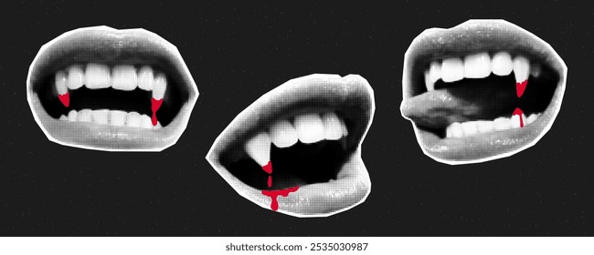 Open mouths of vampire with different emotions cut out of paper, halftone collage stickers. Sharp fangs with drops of blood, creepy bite, creepy halloween, bite.