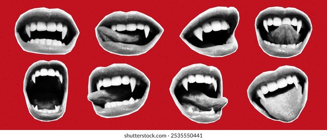 Bocas abertas de vampiro com emoções diferentes recortadas de papel, colagem de meio-tom adesivos estilo. Bandas afiadas, design de mídia mista assustador, halloween assustador, medo.