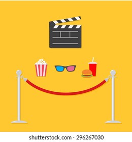 Open movie clapper board 3D glasses popcorn soda hamburger template icon. Red rope barrier stanchions turnstile  Flat design style. Vector illustration