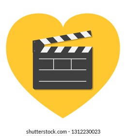 Open movie clapper board template icon. Flat design style. Heart shape. I love cinema. White background. Isolated. Vector illustration