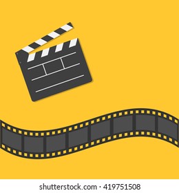 Open movie clapper board template icon. Film strip border. Cinema movie night icon in flat design style. Yellow background. Vector illustration