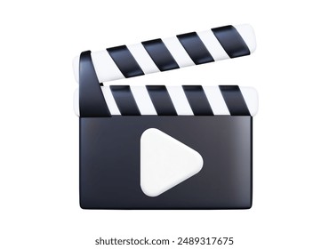 Open movie film clapboard icon with play button. 3d symbol, front view. Stock vector illustration on isolated background.