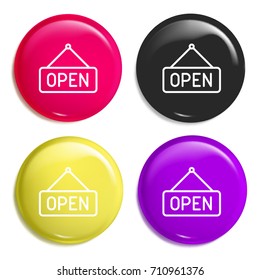 Open multi color glossy badge icon set. Realistic shiny badge icon or logo mockup