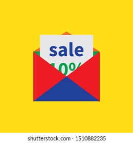 Open multi-colored envelope. Discount on paper sheet is in envelope. Vector illustration EPS10 on yellow background. Modern flat minimal style. Graphic design for advertising, mailing, notifications.