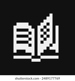 Abrir libro abierto multimedia. Icono de estilo plano. Pixel art. Diseño de Sitio web. 8 bits. Ilustración vectorial abstracta aislada.