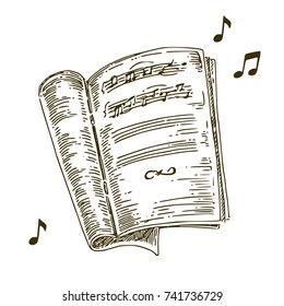 Open music book with notes. Sketch. Isolated on white. Vintage style. Vector illustration.