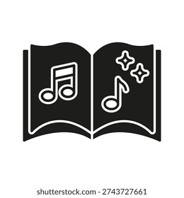 Open Music Book Solid Icon. Musical Notes And Melody Creation Silhouette Symbol. Music Composition, Songwriting, And Sheet Music Representation. Isolated Vector Illustration.
