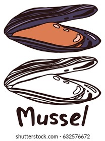 Open mussel shell with meat. Hand drawn isolated illustration with the inscription on a white background