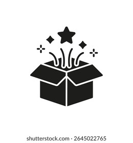 Open Mystery Box Solid Icon. Surprise, Mystery, And Exciting Unboxing Silhouette Symbol. Gift Reveal And Unexpected Discovery. Isolated Vector Illustration.
