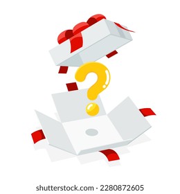 Open a mystery gift box with a red ribbon on isolated white background. Random secret loot box isometric concept. Vector illustration cartoon flat design.