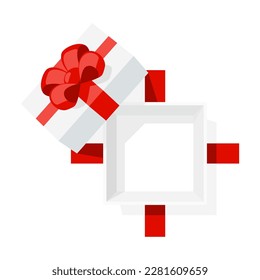 Open a mystery gift box with a red ribbon on isolated white background. Random secret loot box top view concept. Vector illustration cartoon flat design.