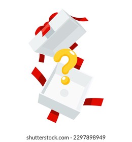 Open a mystery gift box with a red ribbon on isolated white background. Random secret loot box isometric concept. Vector illustration cartoon flat design.