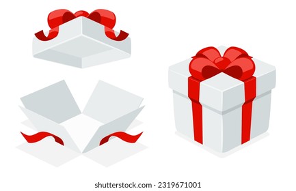 Open a mystery gift box with a red ribbon on isolated white background. Random secret loot box top view concept. Vector illustration cartoon isometric flat design.