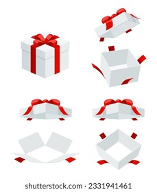 Open a mystery gift box with a red ribbon on isolated white background. Random secret loot box top view concept. Vector illustration cartoon isometric flat design.