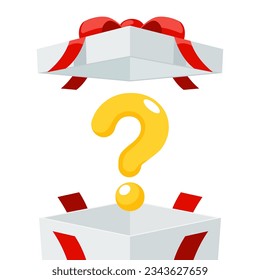 Open mystery gift box with red ribbon on white background. Random secret loot box isometric concept. Vector illustration cartoon flat design.