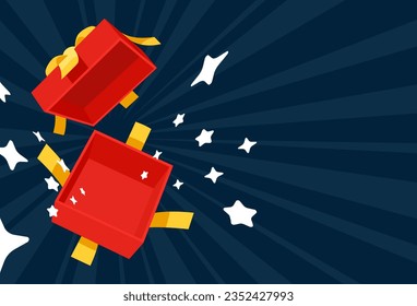 Open a mystery Red gift box with a yellow ribbon on a dark blue background with copy space. Random secret loot box isometric concept. Vector illustration cartoon flat design.	