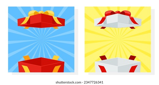 Open the mystery red and white gift box on white background. Random secret loot box isometric concept. Vector illustration cartoon flat design.