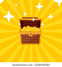 Open mystery wooden chest has a golden coin. Treasure on Yellow background. Precious treasure concept. Vector illustration cartoon flat design.