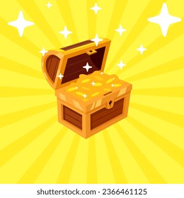 Open mystery wooden chest has a golden coin. Treasure on Yellow background. Precious treasure concept. Vector illustration isometric cartoon flat design.