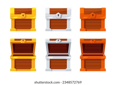 Open mystery wooden luxury chest. Gold Silver Bronze Treasure on white background. Random a secret loot box concept. Vector illustration cartoon flat design.	