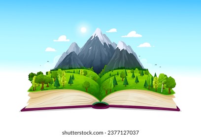 Open nature book with mountains and forest landscape. Vector scene, capturing serene beauty of rocks and lush woods, transporting readers to the heart of natural tranquility and awe-inspiring wonders