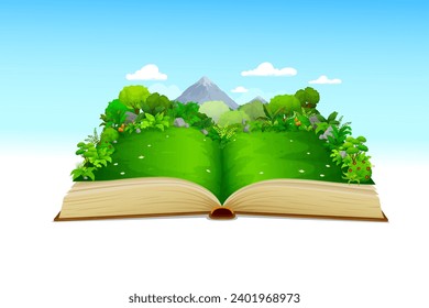 Libro de naturaleza abierto con pradera de verano o césped, bosque y montaña. Educación ecológica y antecedentes ambientales limpios, imaginación, concepto de vector narrativo con paisaje natural en páginas de libros