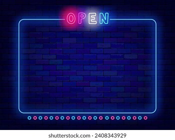 Open neon banner with space for text. Performance opening, Night show advertising. Greeting card design. Blue frame with circles. Competition and concert. Glowing poster. Vector stock illustration