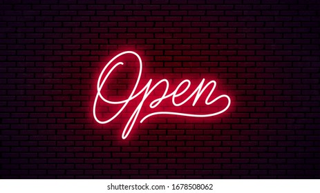 Open neon hand drawn lettering. Ready glowing signboard design. Vector neon text isolated on brick wall background.