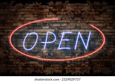 Open neon inscription on brick wall background