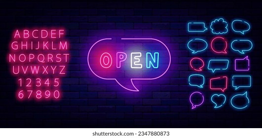 Open neon label. Speech bubbles frames collection. Welcome greeting card. Shiny pink alphabet. Night club, bar and market sign. Glowing invitation. Editing text. Vector stock illustration