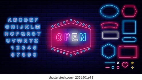 Open neon label with vintage frame. Borders collection. Welcome greeting card. Shiny blue alphabet. Night club, bar and market sign. Glowing invitation. Editable stroke. Vector stock illustration