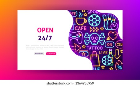 Open Neon Landing Page. Vector Illustration of Street Promotion.