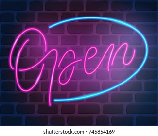 Open neon light on dark brick wall background. Night club, cafe, bar or store sign. Vector illustration