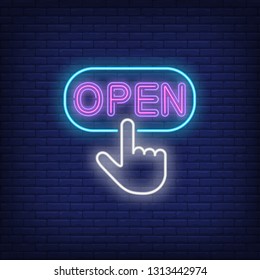 Open neon sign. Active link on brick wall background. Vector illustration in neon style for banners, posters, web design